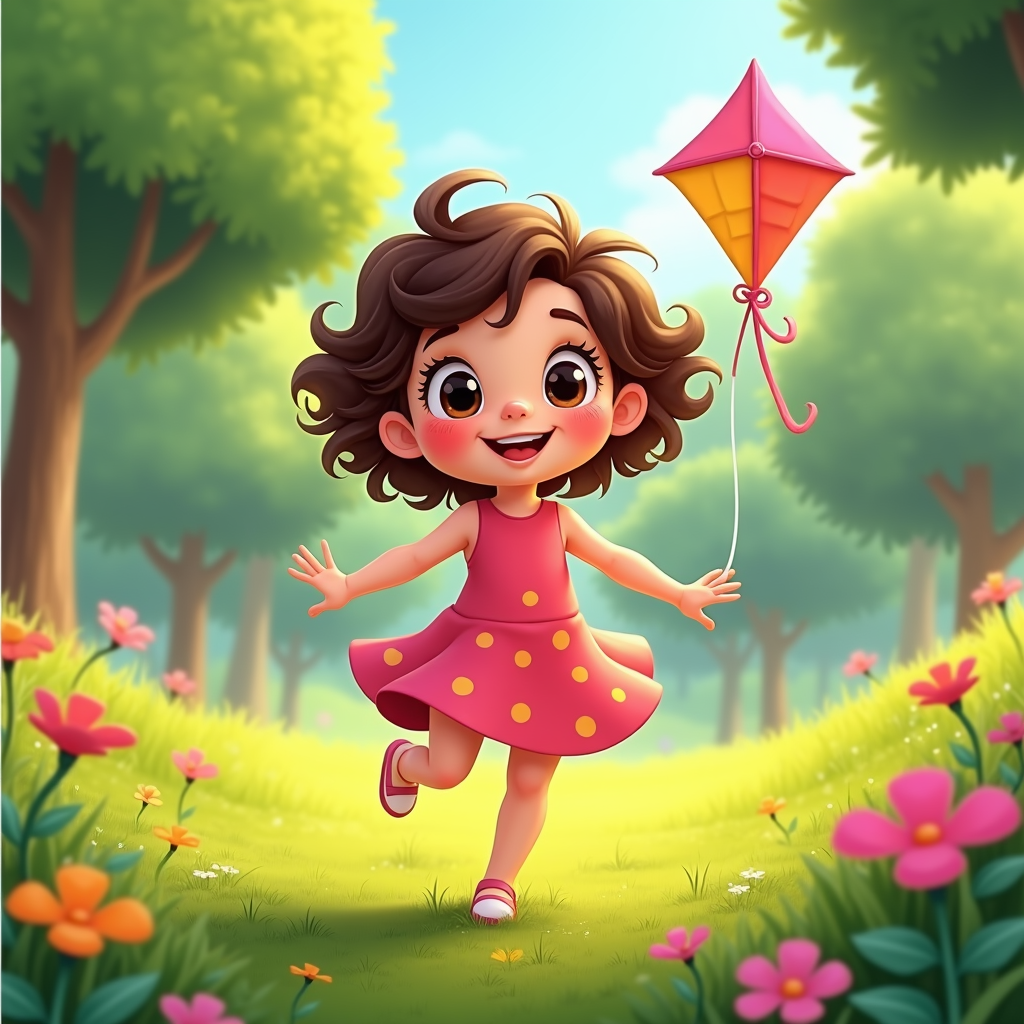 The image is a digital illustration of a little girl flying a kite in a park. The girl is wearing a pink dress with yellow polka dots and has curly brown hair. She is holding the kite with both hands and has a big smile on her face. The background is a green park with trees and flowers. The sky is blue and the overall mood of the image is cheerful and happy.