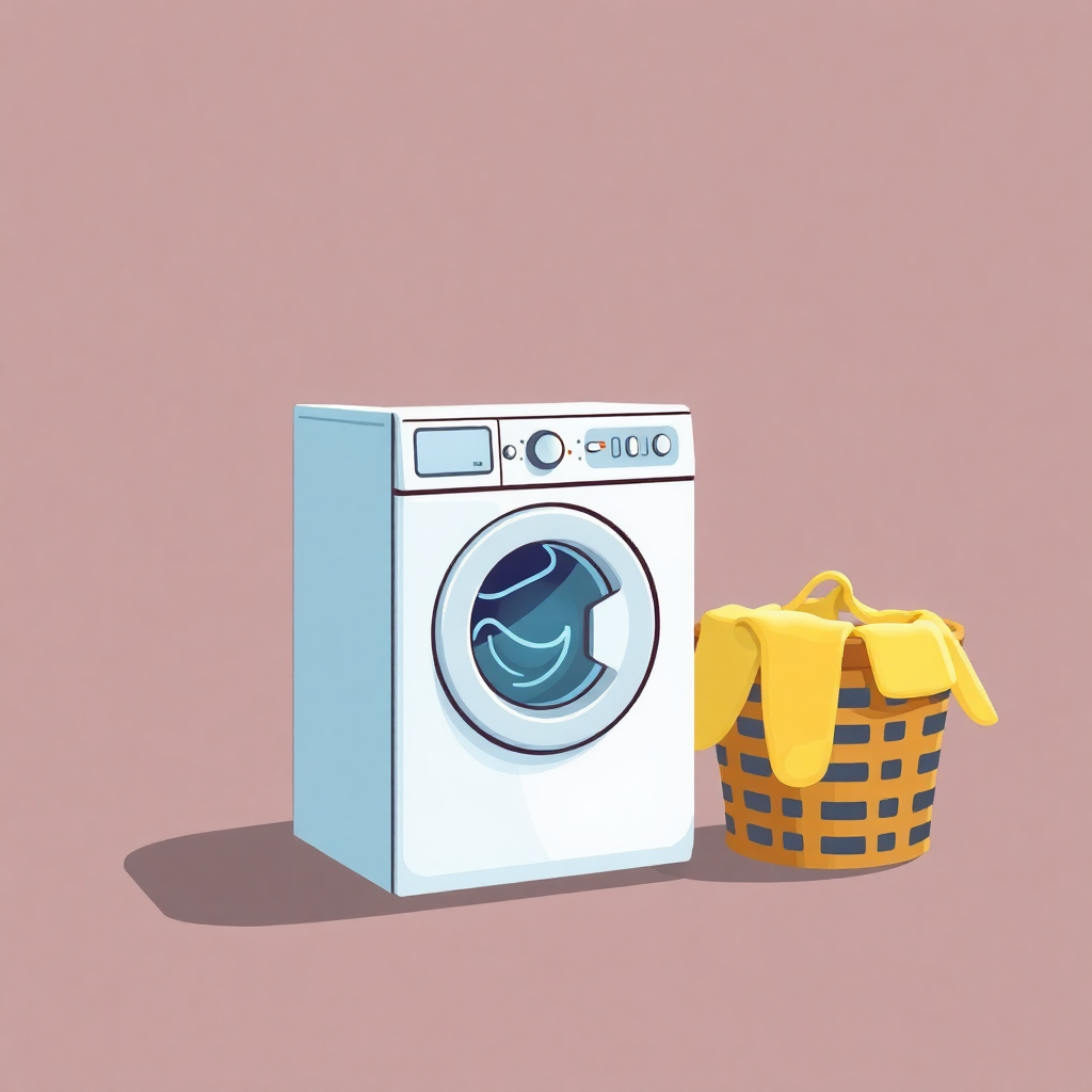 The image shows a washing machine with a basket full of clothes beside it. The washing machine is animated, with a bright yellow cloth draped over the top of the basket.