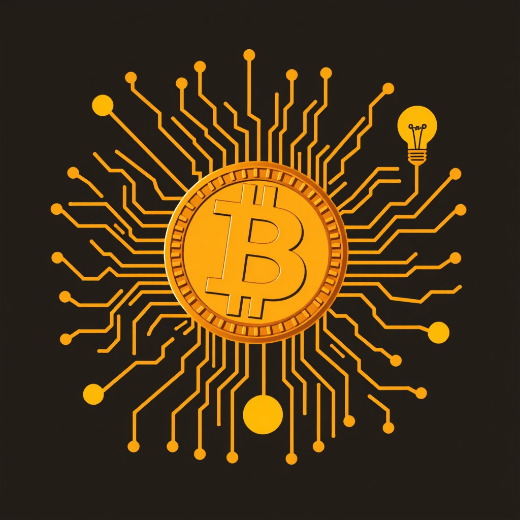The Innovation Circuit: A stylized representation of the Bitcoin symbol integrated into a dynamic, open-ended circuit board pattern. The circuits branch out freely, ending in lightbulb-like nodes or abstract shapes indicating future growth and innovation for 2025.