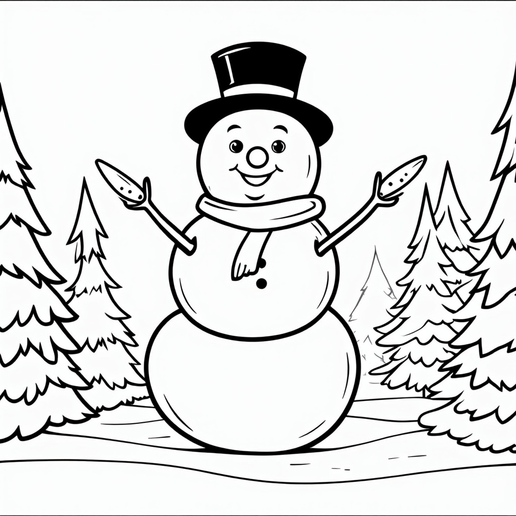 The image shows a snowman with a top hat and scarf standing in a wintery landscape with trees in the background. The snowman is surrounded by a black border, giving the image a festive feel.