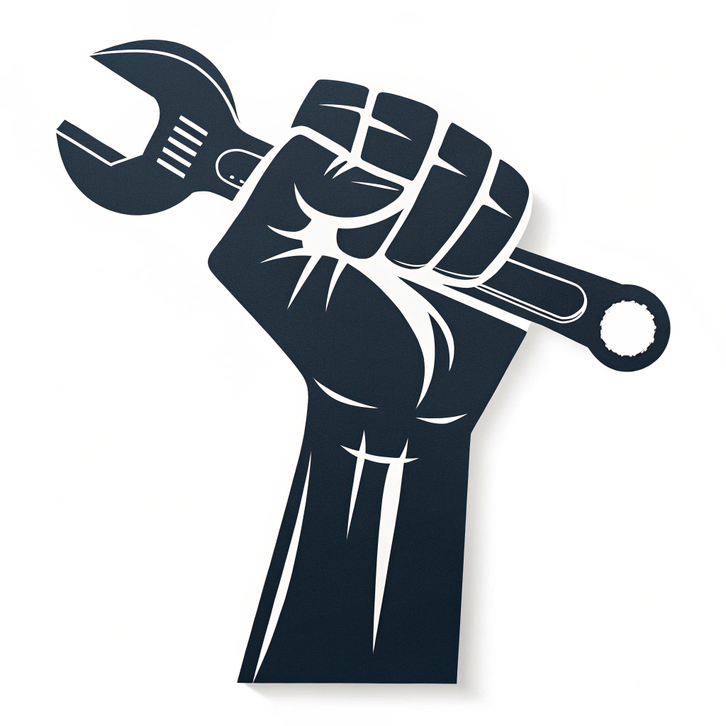 Simple Icon Idea: A minimalist, single-color design of a raised fist silhouette, directly holding or intersecting with a single key worker's tool (e.g., a hammer positioned behind the knuckles, or a wrench gripped firmly). Suitable for small sticker applications or as a recurring motif.