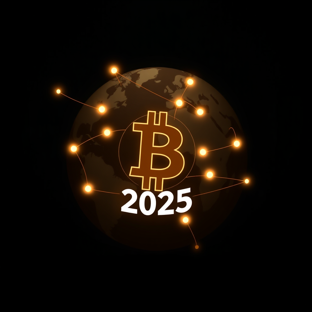 A stylized dark globe with dynamic, illuminated lines connecting global points, converging on a central Bitcoin symbol. '2025' is integrated, signifying widespread connectivity via Bitcoin's 'Global Ledger'.