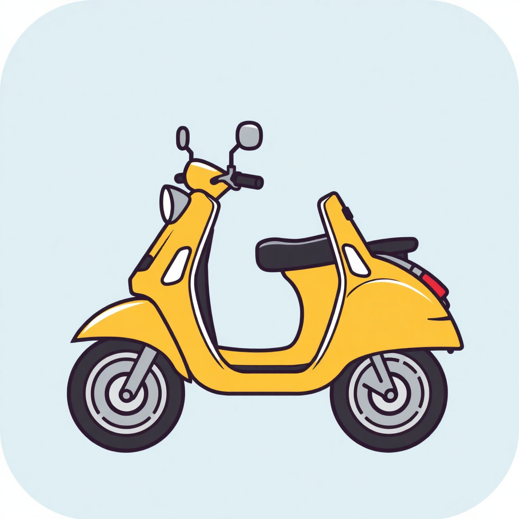 The image is a simple illustration of a yellow scooter. The scooter has a round body with a black seat and handlebars. It has two round mirrors on the front and two smaller mirrors on either side of the handlebars on the top. The wheels are black with silver spokes. The background is a light blue color. The overall style of the illustration is simple and cartoon-like.