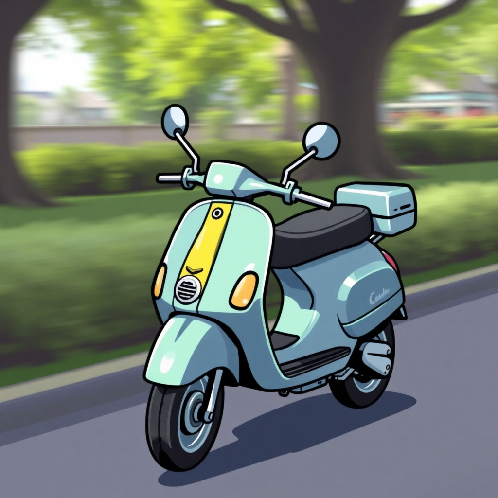  a light blue scooter parked on the side of a road. The scooter has a black seat and a yellow stripe on the front. It has two mirrors on the handlebars and a small storage compartment on the back. The road is lined with trees and bushes on both sides. The sky is blue and the overall mood of the image is peaceful and serene.