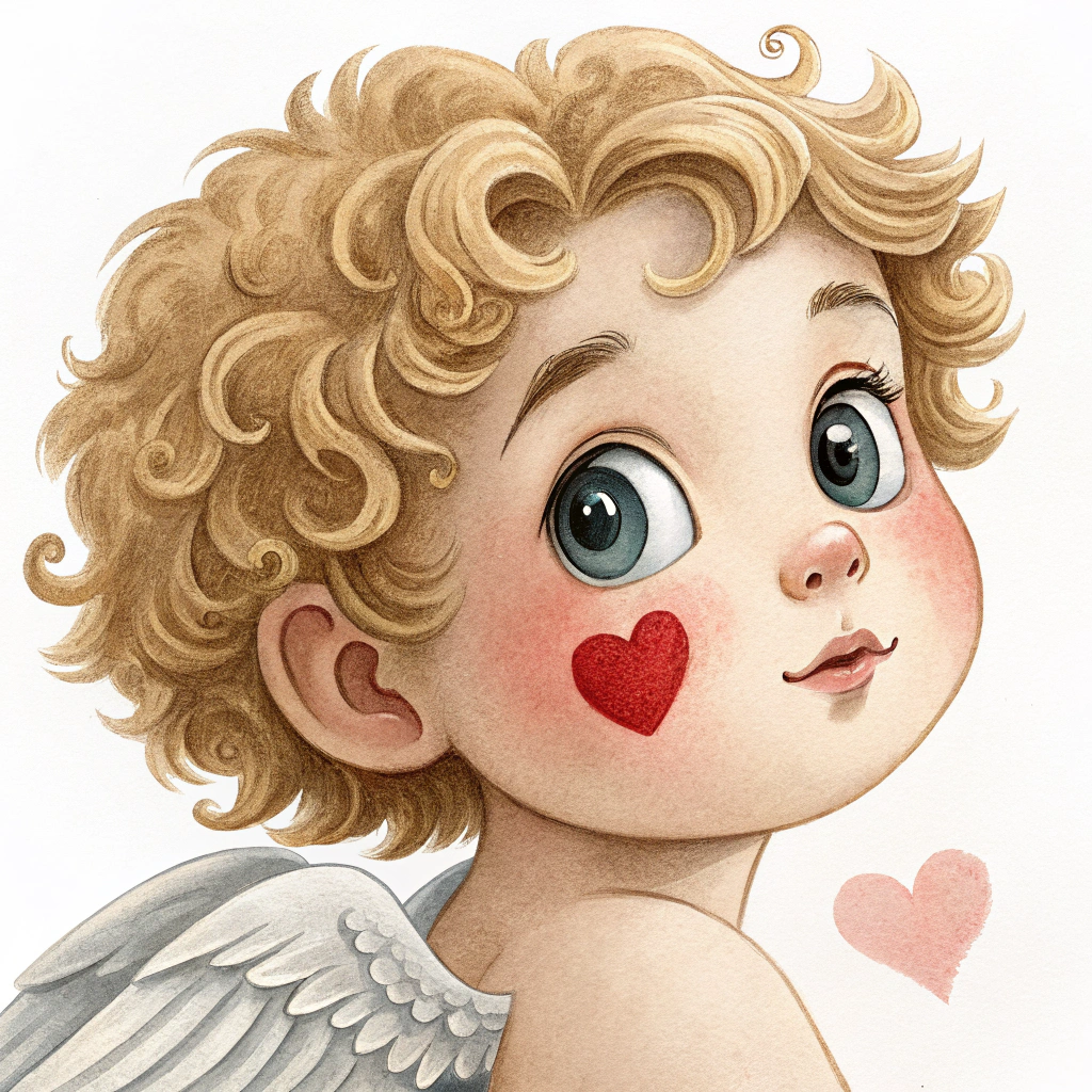 A sticker showing a close-up of Cupid's face with big, innocent eyes and a heart-shaped birthmark on his cheek, radiating charm.