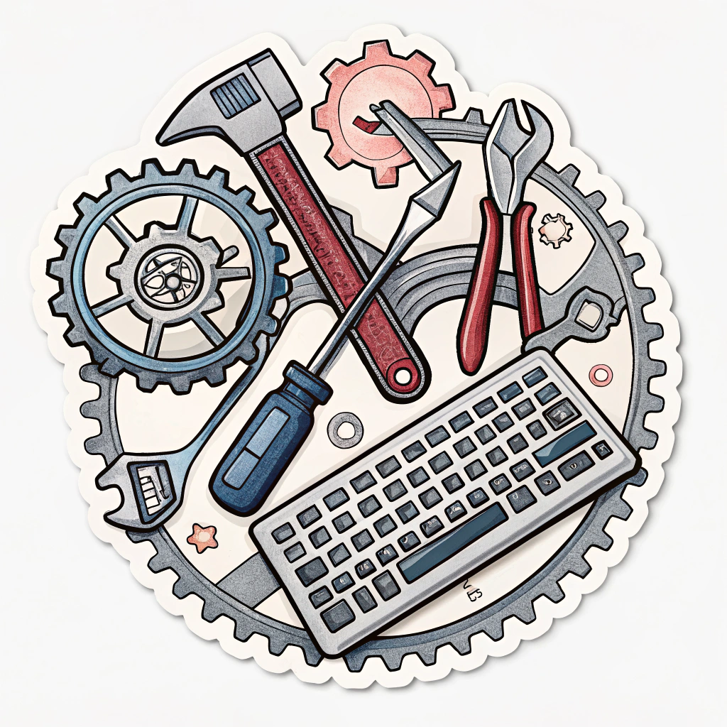 A design featuring interlocking gears or tools (hammer, wrench, pen, keyboard) forming a strong, unified shape, representing different forms of labor working together.