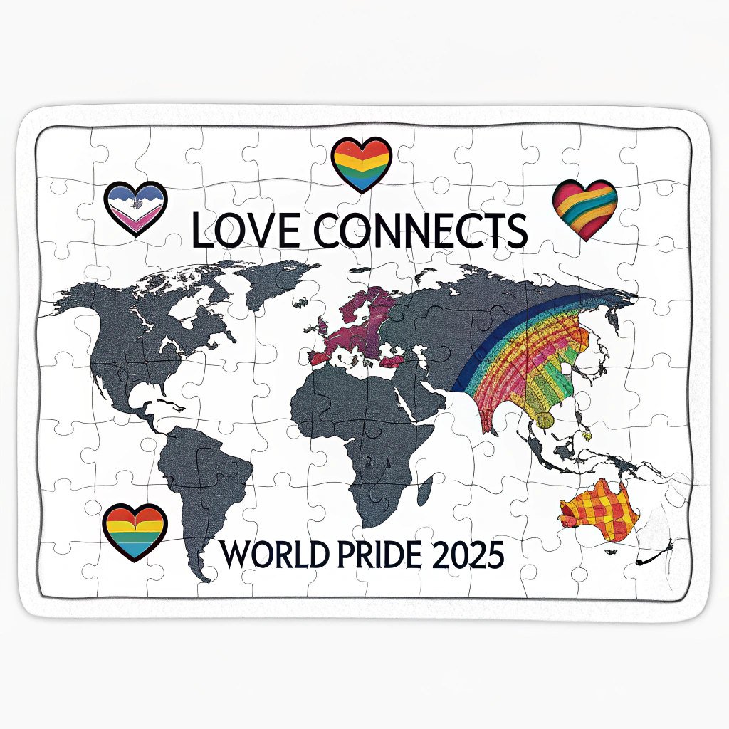 Puzzle of Love Sticker: The world map is illustrated as a series of interlocking puzzle pieces. Some key pieces are shaped like hearts or are colored with various pride flag patterns, visually representing the 'Love Connects' theme through unity. 'WorldPride 2025' is prominently featured.