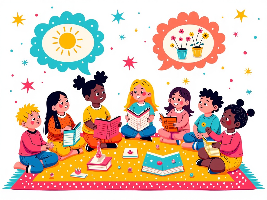 A diverse group of young children sit cross-legged on a colorful rug, listening intently as one child stands at a small lectern, reading from a book of poems. Stylized speech bubbles above the reader contain imagery from the poem (e.g., stars, flowers, animals).