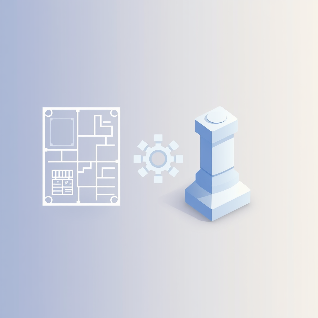 Sub-Design Idea 4 (Blueprint to Reality): Icon illustrates a simple blueprint or wireframe (input data) being processed or 'built' into a solid, more detailed 3D-like structure or object (output). A subtle gear, network node, or spark icon in the middle can symbolize the AI transformation.