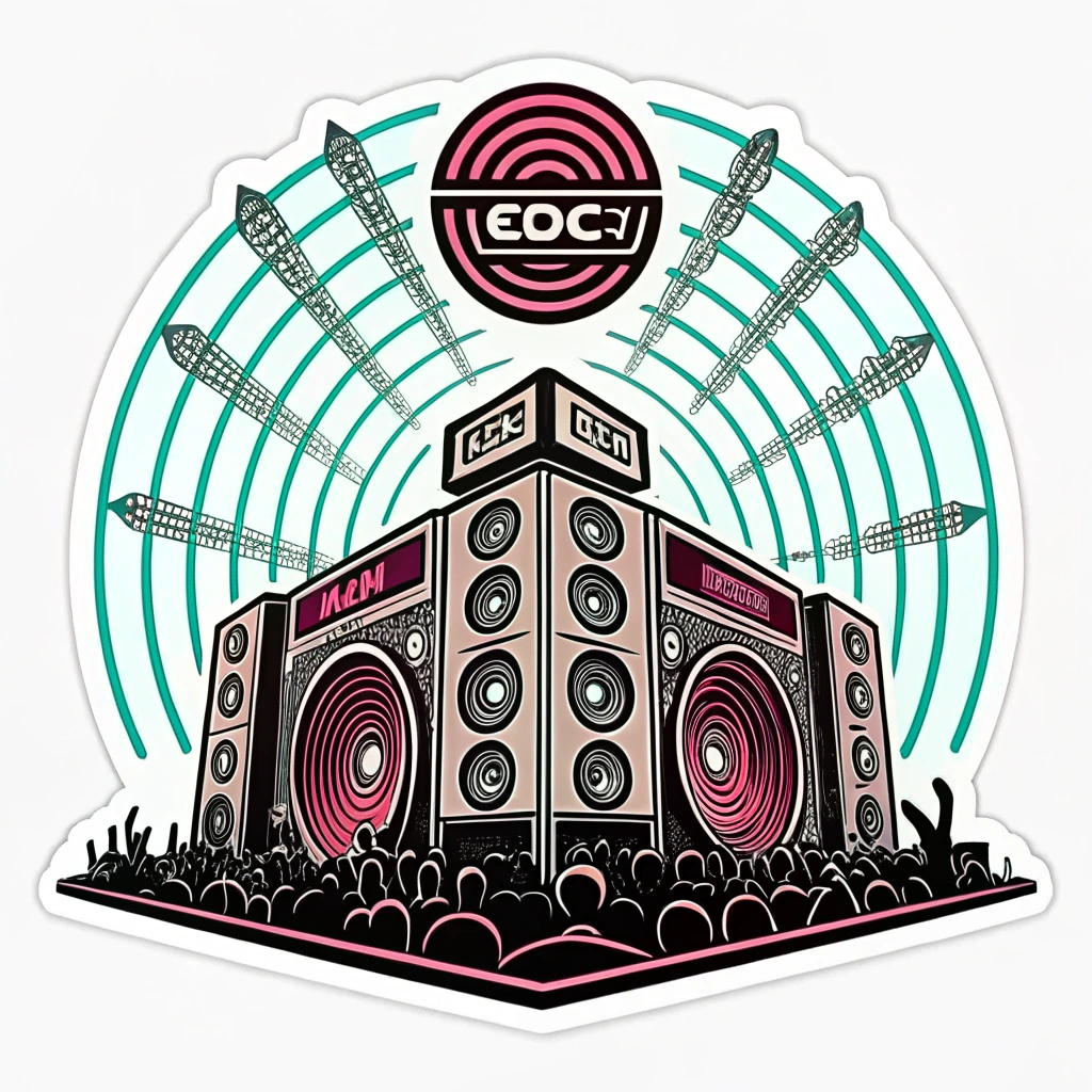 Basspod Stage Portal: Sticker featuring a stylized representation of the Basspod stage. Its massive speaker arrays are depicted emitting tangible, geometric waveform patterns that warp the surrounding space or create an immersive tunnel/portal effect. This design would use EDC’s signature neon color palette for high energy.