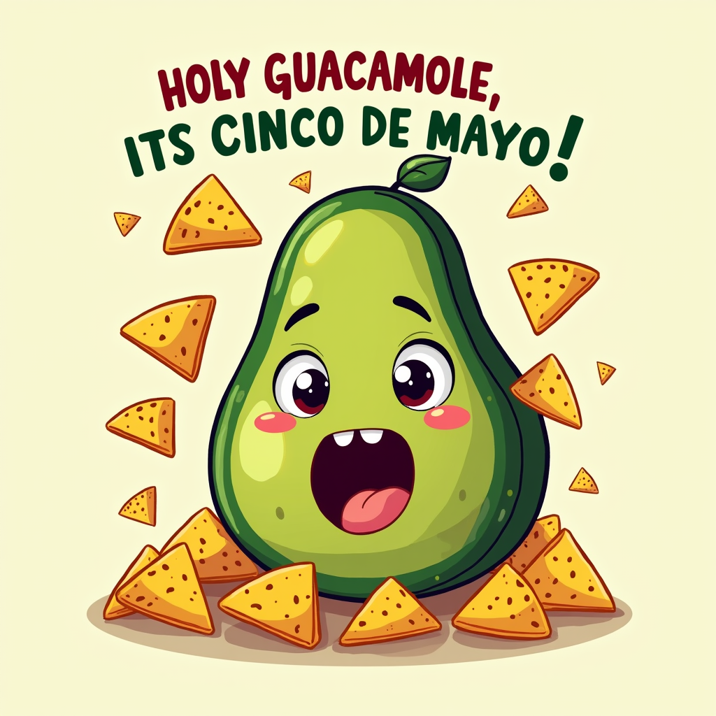 A surprised-looking avocado character with the caption 'Holy Guacamole, It's Cinco de Mayo!' in a fun, quirky font, possibly with tortilla chips scattered around.