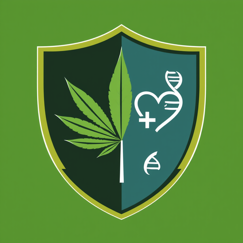 Split Shield - Nature & Medicine: A shield emblem that is visually divided (e.g., vertically or diagonally). One section prominently displays a marijuana leaf element (representing the natural plant). The other section features a clear, modern health symbol (e.g., a minimalist heart with a plus sign, or a stylized DNA strand), symbolizing the scientific/medical aspect.