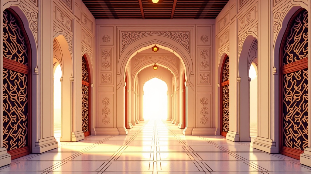 A perspective illustration looking through multiple ornate archways or down a long palace corridor, showcasing layers of intricate patterns on walls, floors, and decorative screens (mashrabiya), emphasizing depth and the grandeur of the interior.