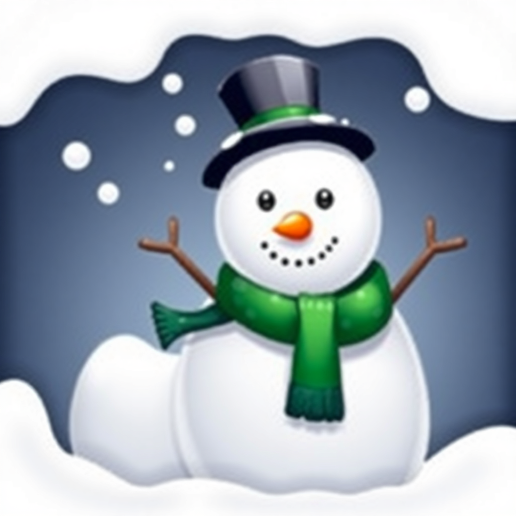 The image shows a snowman wearing a green scarf and a top hat, standing in the snow with a blue and white background.