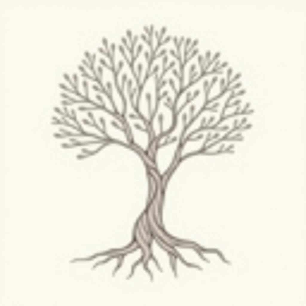 Sub-design 4: A minimalist Tree of Life design using continuous line art, where the trunk and branches subtly incorporate the words 'Heal Our Home' or 'Grow Together'.