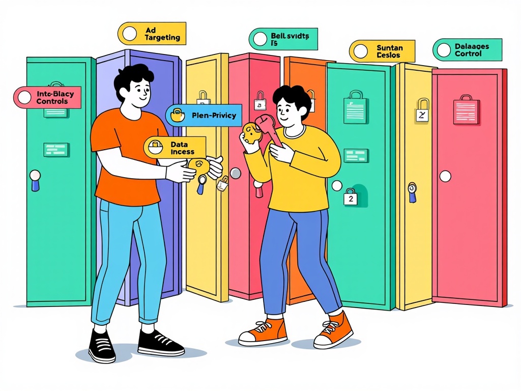 Metaphorical illustration showing a user holding keys to different locked doors, each door representing a category of data privacy control (e.g., ad targeting, data access).