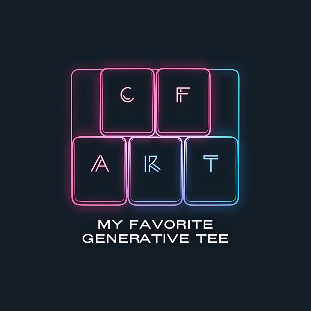Design featuring a stylized, minimalist keyboard section where the 'CTRL', 'ART', and 'GEN' keys are prominently highlighted (e.g., glowing, different color, raised). The 'ART' key might cleverly replace a standard 'ALT' key. The phrase 'My Favorite Generative Tee' appears as clean typography below or integrated near the keys.