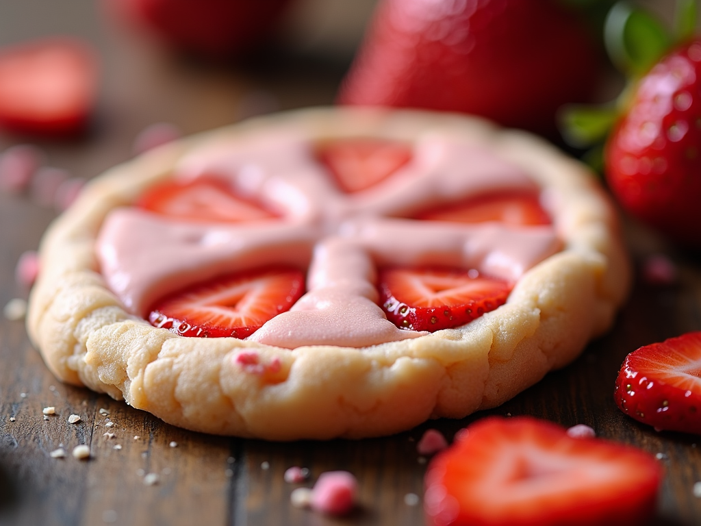 A flat cookie design with clear imprints of strawberry slices on its surface, using varying shades of pink and red. The edges should have a slightly irregular, handmade look to communicate a home-baked, vegan authenticity.