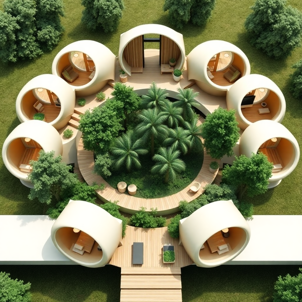 A modular home design built with pre-fabricated circular modules. These modules can be added or removed to change the size of the home, and the modules are arranged in a circle around a central forest. The forest would be designed with a variety of trees and plants, creating a natural habitat that is integrated into the structure.