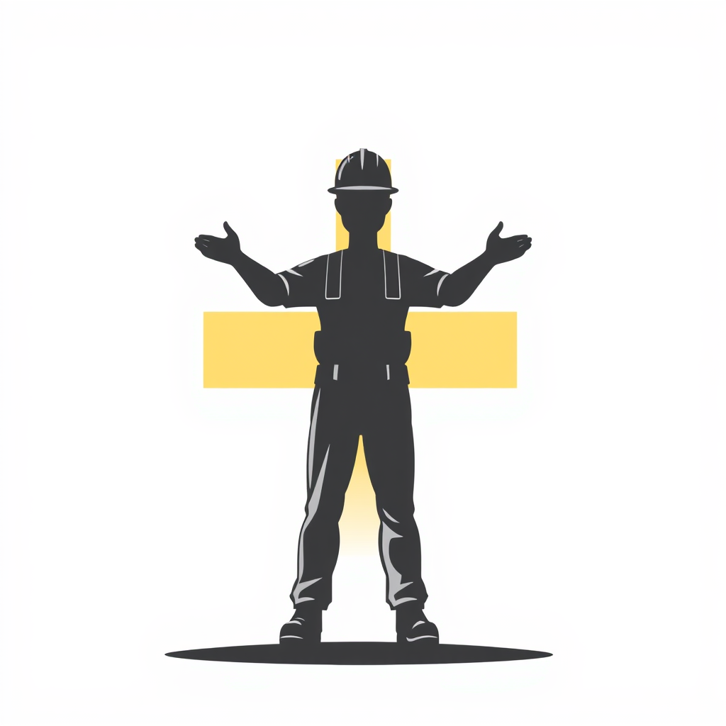The vertical bar of the plus sign is formed by the silhouette of a worker standing tall, arms slightly outstretched, while the horizontal bar intersects behind them.