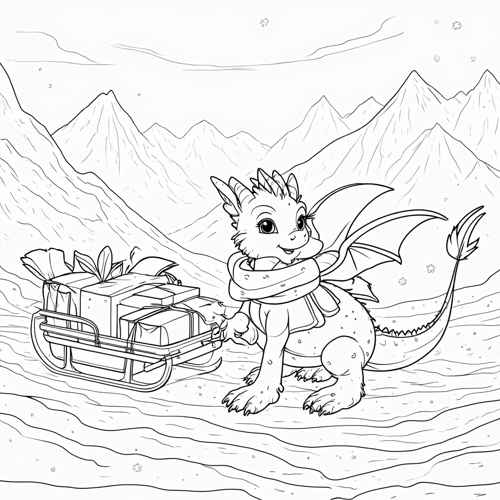 An adventurous dragon setting off on a new journey through snowy mountains. The dragon is bundled in a scarf, and it tows a small sled loaded with supplies. Snowflakes fall softly around, and the dragon's eyes gleam with excitement, hinting at the challenges ahead.