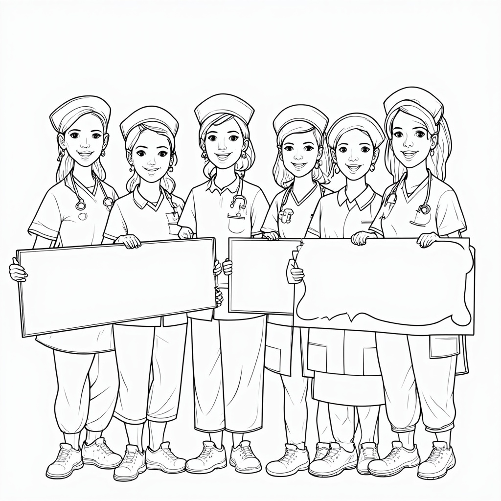 Nurses with 'Thank You' Signs: A group of diverse, happy nurses, perhaps two or three, holding up large, blank signboards or speech bubbles where children can write their own 'Thank You' messages or draw symbols of appreciation. The nurses are smiling directly at the viewer.