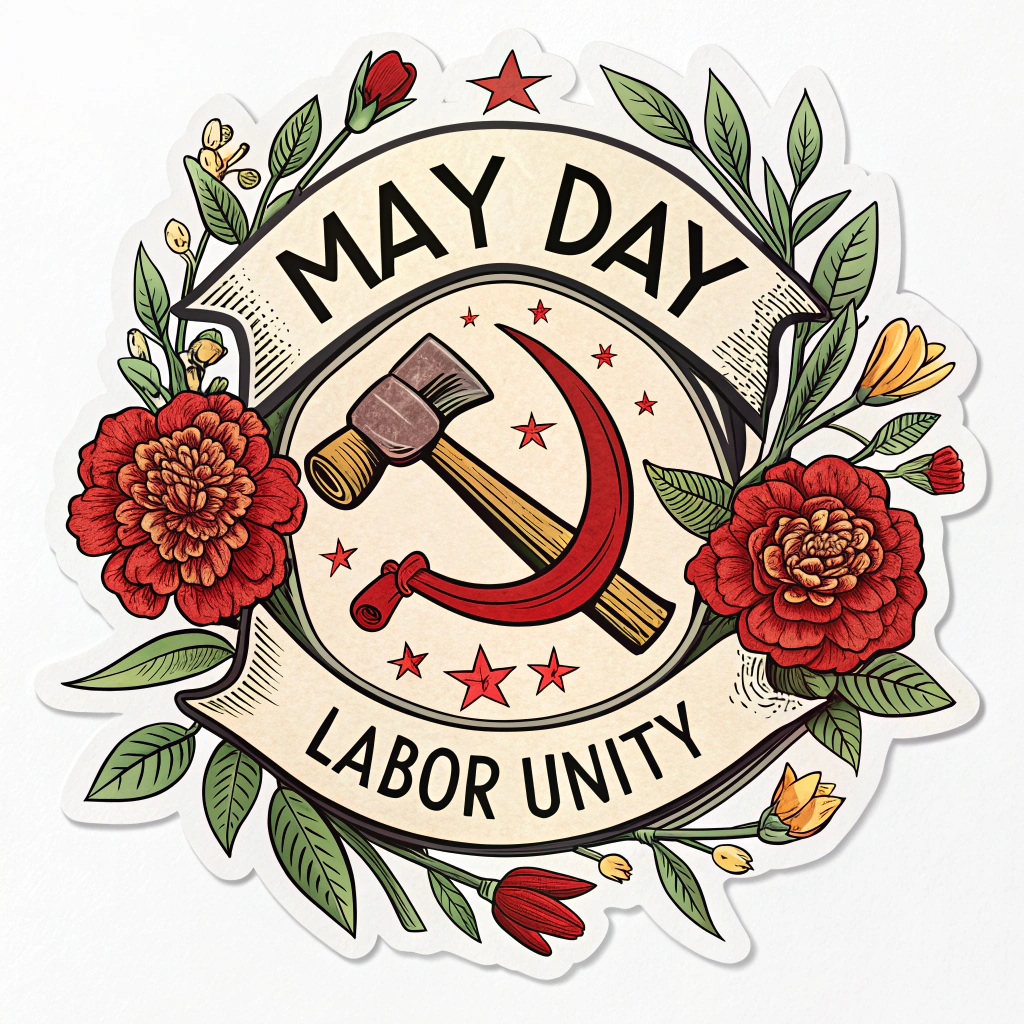 Translated text: May Day Protest Stickers - Vintage Labor Union Emblem May Day Sticker
