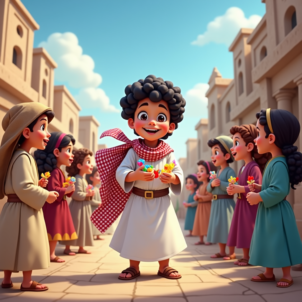 Develop a cartoon where a Qatari child time-travels and interacts with children from different eras, teaching them about traditional Qatari games.