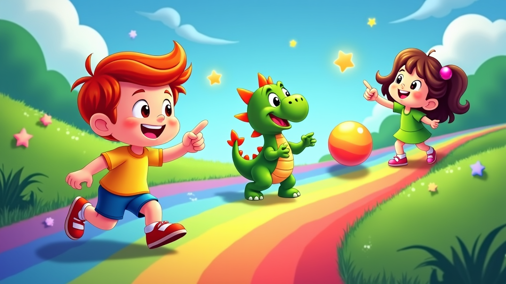 An interactive, educational animation where children can learn about colors, shapes, and problem-solving by guiding characters along the rainbow road, unlocking new areas and challenges.