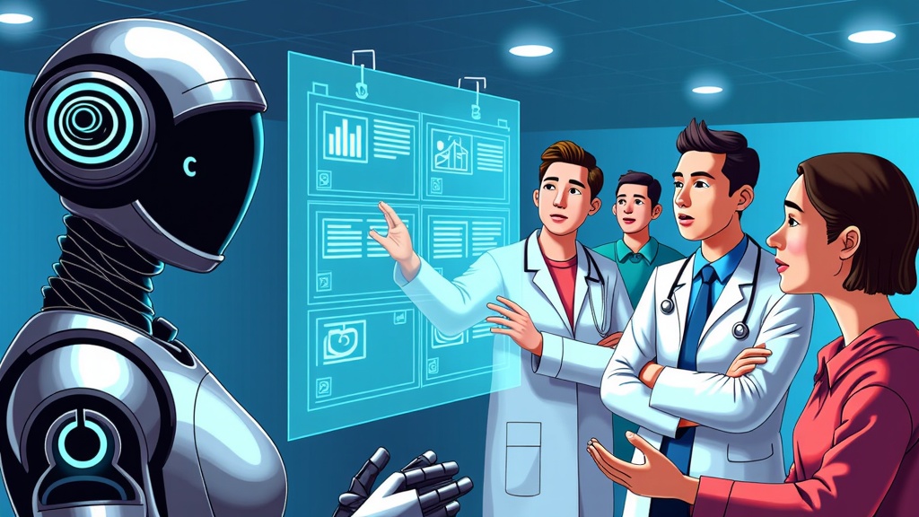 A split image: one side shows a sleek, futuristic AI analyzing patient data streams, appearing efficient but impersonal. The other side portrays a diverse group of patients and doctors looking concerned or in deep discussion around a translucent screen displaying complex ethical questions about AI's decisions, representing the human-centric ethical dilemma.