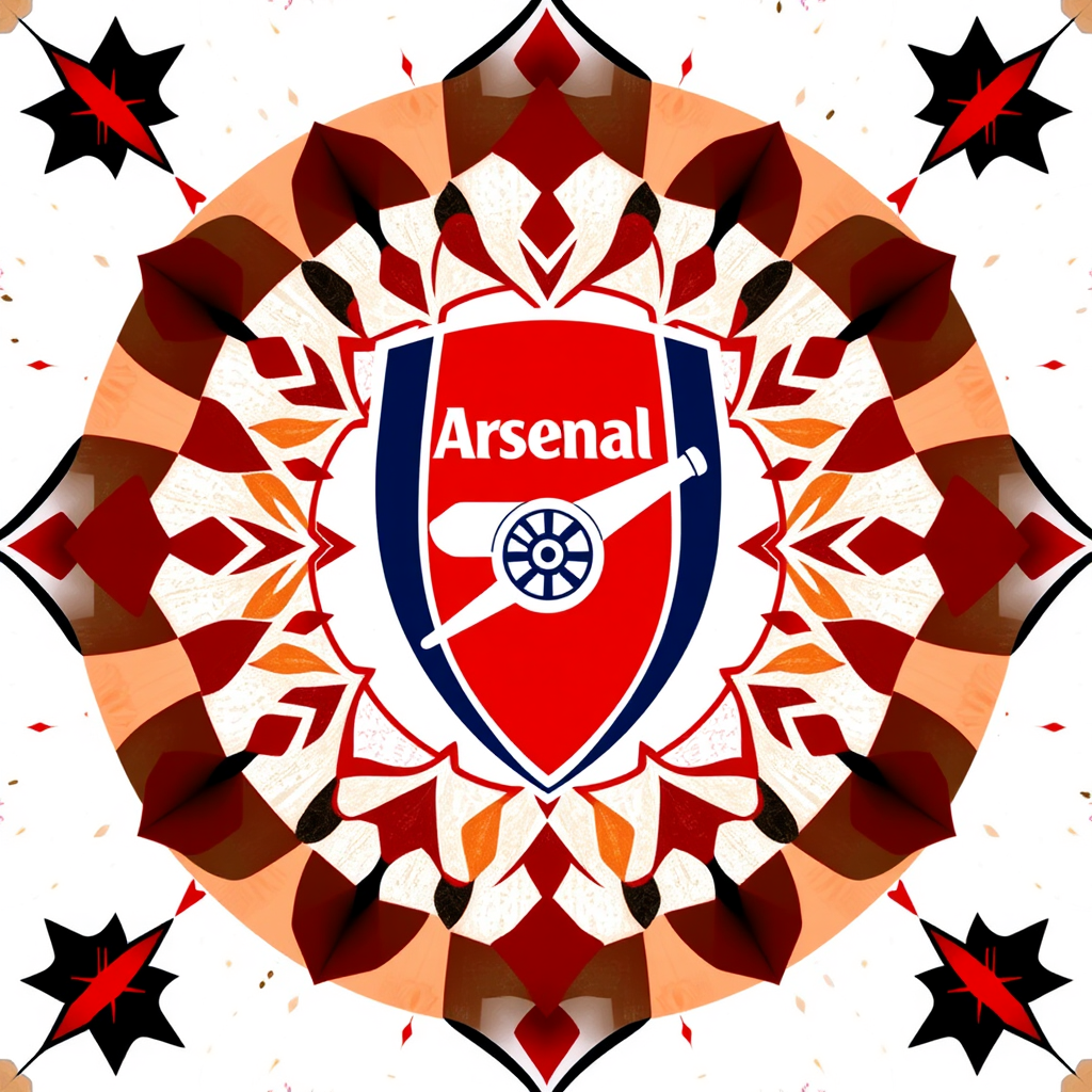 Highbury Marble Halls Patterned Crest: A crest shape (circular or shield) filled with geometric patterns inspired by the marble and terrazzo flooring/details of Highbury's Marble Halls. The Arsenal name and cannon could be centrally placed, rendered in a sleek Art Deco style.
