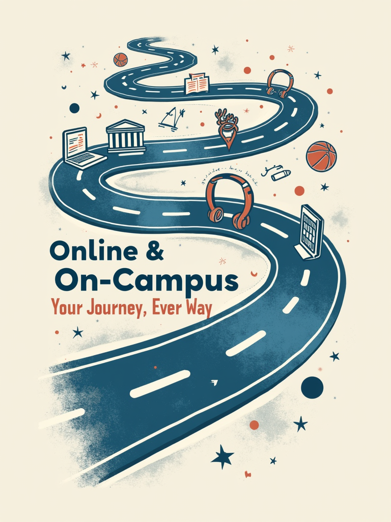 A stylized road or path that winds and splits, representing the learner's journey. One branch features icons of online tools and remote learning (e.g., laptop, headphones, global connectivity icons). The other branch showcases icons of physical campus experiences (e.g., lecture hall, library, sports equipment). The paths merge or run parallel, with the text 'Online & On-Campus: Your Journey, Your Way'.
