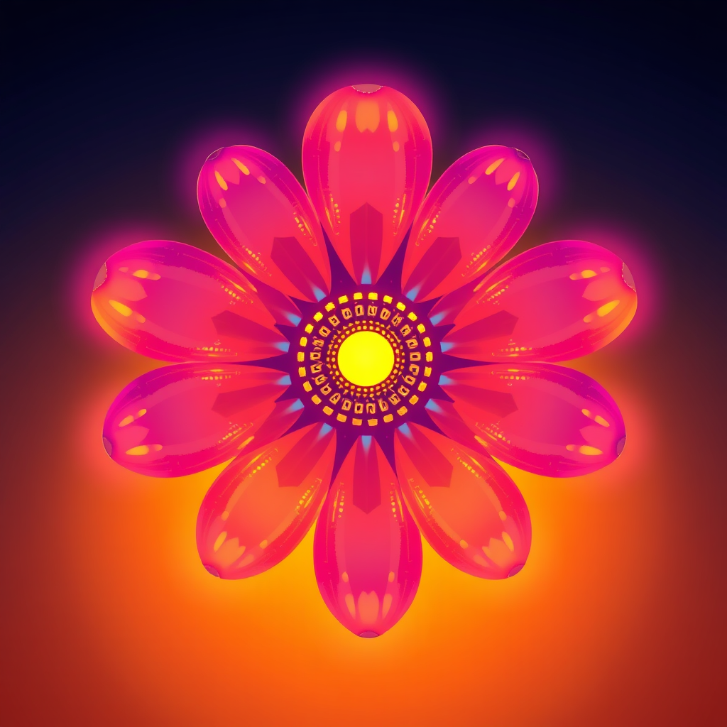 Pixel Bloom Sunrise: The iconic daisy rendered with petals made of glowing, abstract pixels or voxels, appearing to coalesce like a digital sunrise. The center could be a stylized sun or a circuit board motif. Colors would be vibrant neons transitioning into warm dawn hues.
