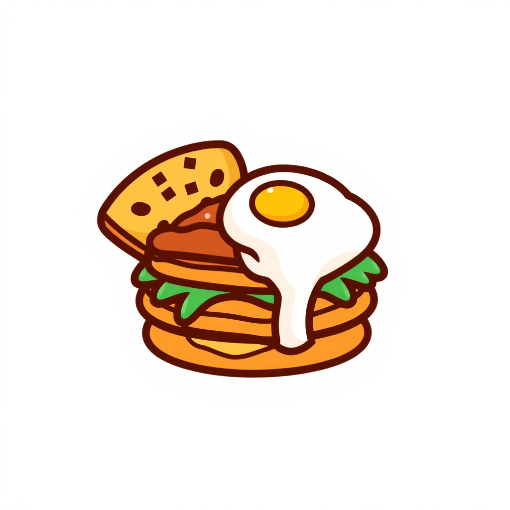 The image is an illustration of a breakfast sandwich. It consists of a stack of pancakes with a fried egg on top. The pancakes are golden brown and appear to be freshly cooked. The egg is cooked sunny-side up and is placed on top of the pancakes. There are also some green leaves scattered around the pancakes, adding a pop of color to the image. The background is white, making the colors of the food stand out.