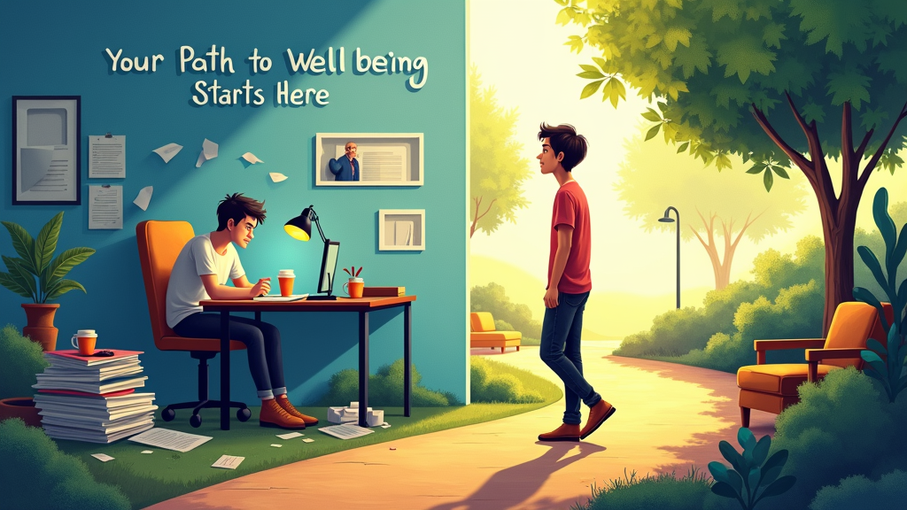 Poster Design 3: Create a visual contrast showing a path leading from a stressful, cluttered workspace towards a calm, supportive, and bright environment, symbolizing the journey to better mental health. Headline: 'Your Path to Well-being Starts Here'.