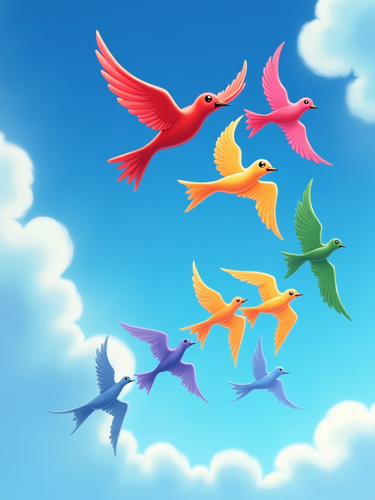 An illustration of several birds flying in formation, their silhouettes forming a fluid, swirling pattern, each bird with distinct rainbow hues, creating a sense of unity and diversity.