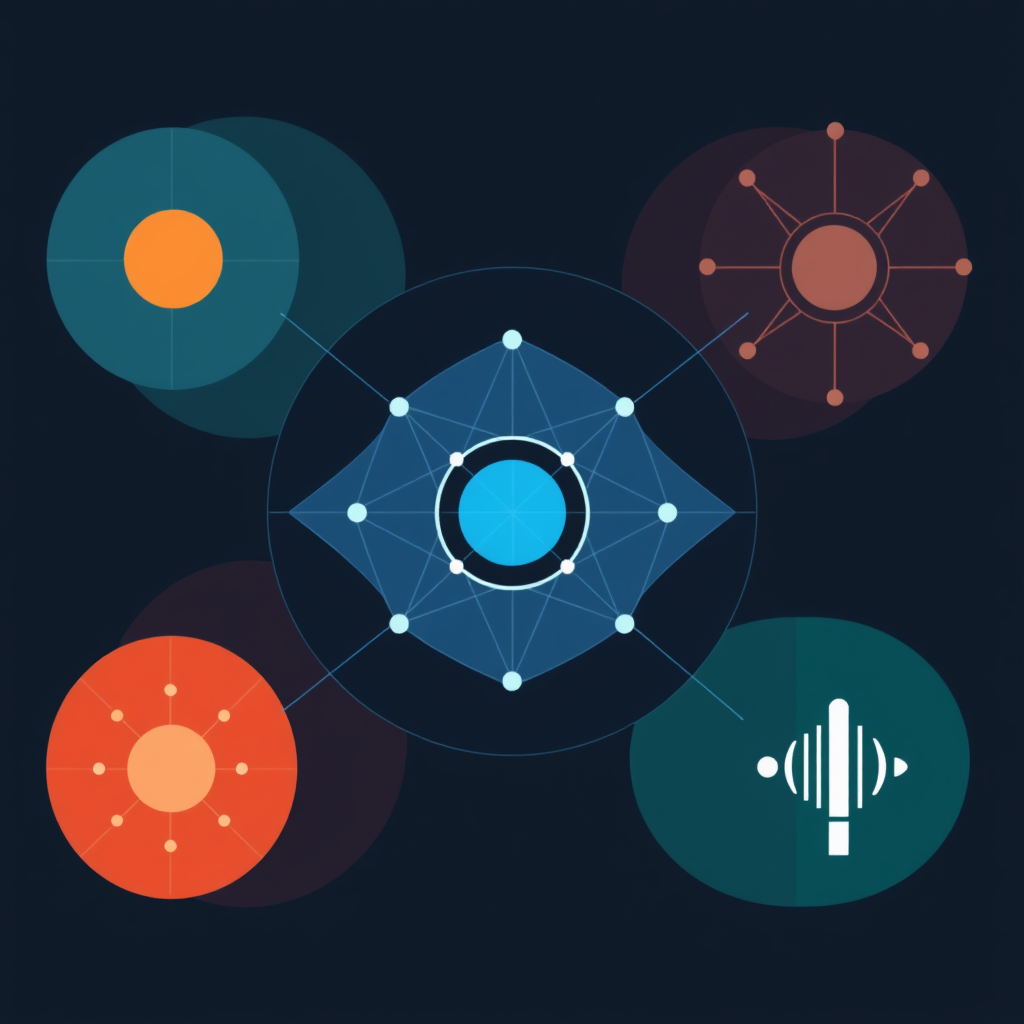 Geometric Abstractions of Thought: Using simple geometric shapes (circles, lines, triangles) that combine and transform to represent different AI functions. The 'cognitive core' could be a central shape from which others emanate or interact. A voice control icon might be a central circle with soundwave-like geometric patterns expanding outwards.