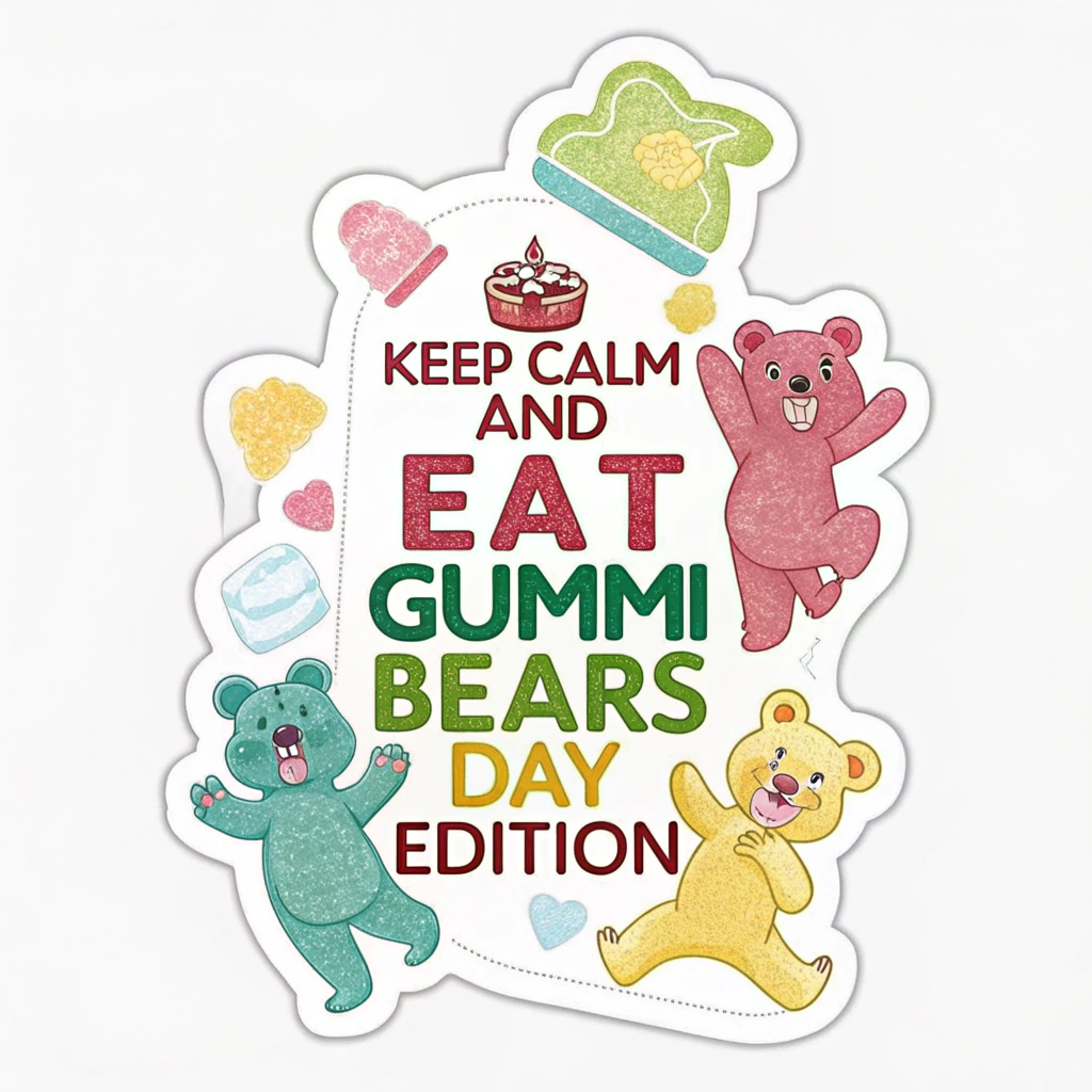 Translated text: National Gummi Bear Day Stickers - Keep Calm and Eat Gummi Bears - Day Edition Sticker