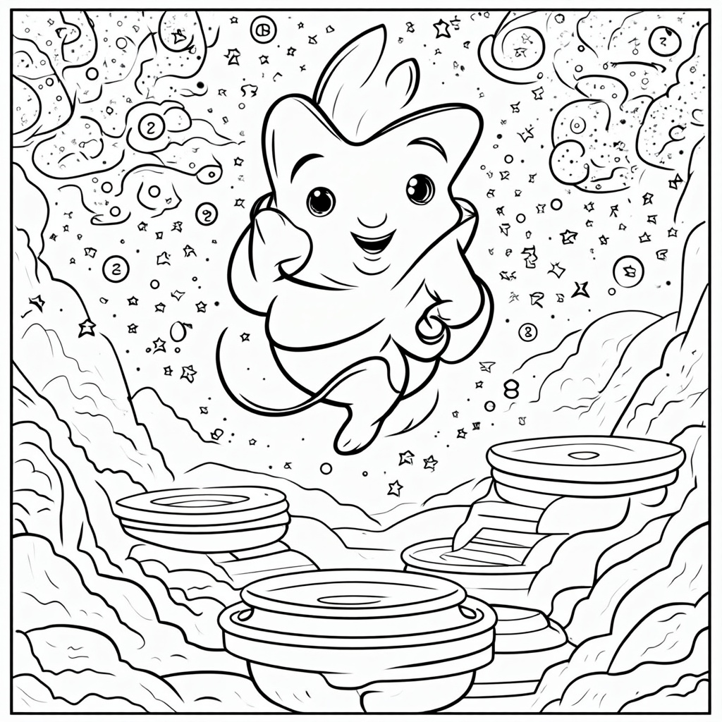 Metaphorical Leap: Design a scene where energy levels are depicted as floating platforms or stairs in a cosmic landscape. A cute electron character is shown mid-air, leaping from a lower platform to a higher one, with stars, nebulae, or quantum foam in the background.