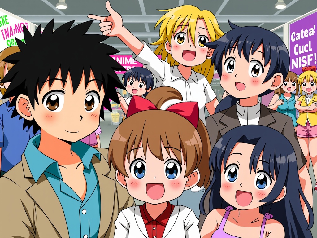 A dynamic group illustration featuring multiple characters central to the Anime Central 2025 theme, each rendered in a distinct and recognizable anime art style (e.g., classic 80s, modern shonen, chibi, painterly Ghibli-esque, sharp mecha lines), all interacting joyfully at a stylized representation of the convention.