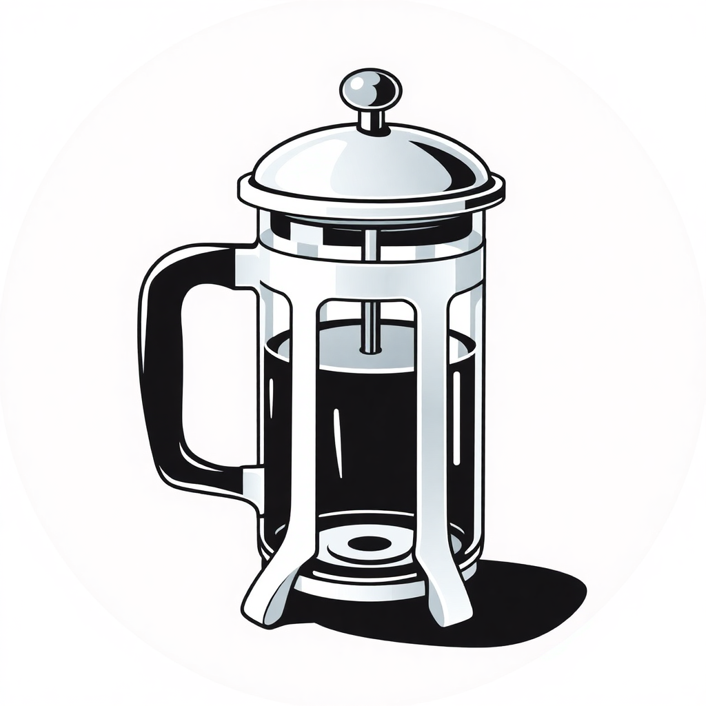 The image is a black and white illustration of a french press coffee maker. The french press is made of glass and has a handle on the left side and a spout on the right side. It has a lid with a knob on top and a handle in the center. The lid is slightly open, revealing the contents inside. The base of the french press has a small hole in the middle, which is likely for pouring the coffee into the cup. The background is white, making the French press stand out.