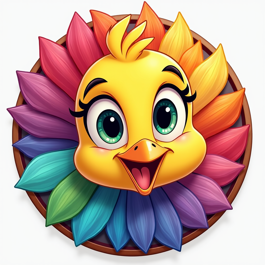 A circular icon displaying a bird's head, with rainbow-colored feathers radiating outwards, suggesting a kaleidoscopic effect, perfect for an app or website.