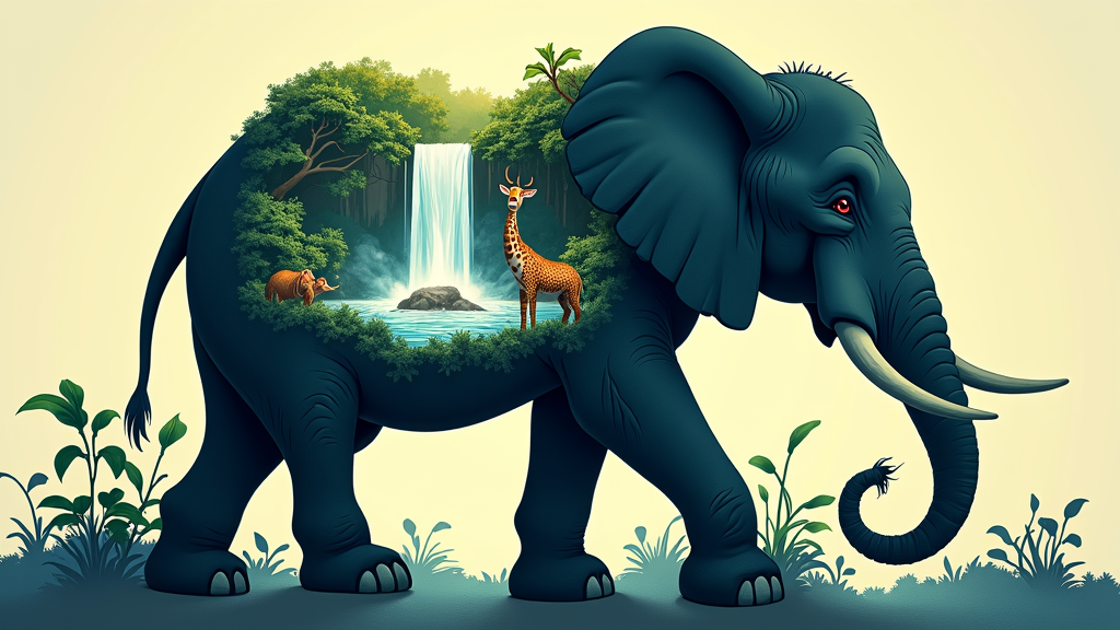 A silhouette of an elephant with a detailed jungle scene within its outline, showing the elephant's trunk forming a part of a waterfall and other jungle elements blended in a creative way, emphasizing texture and contrast.