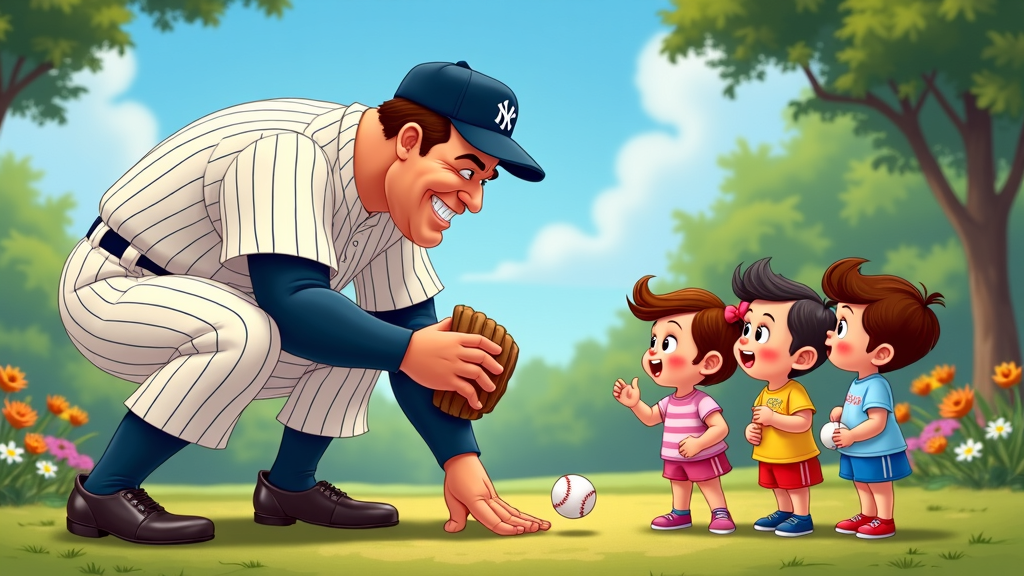 A heartwarming cartoon scene of Babe Ruth, depicted as a towering yet gentle figure in his Yankees uniform, warmly interacting with a group of admiring children, perhaps sharing a baseball tip or a kind smile.