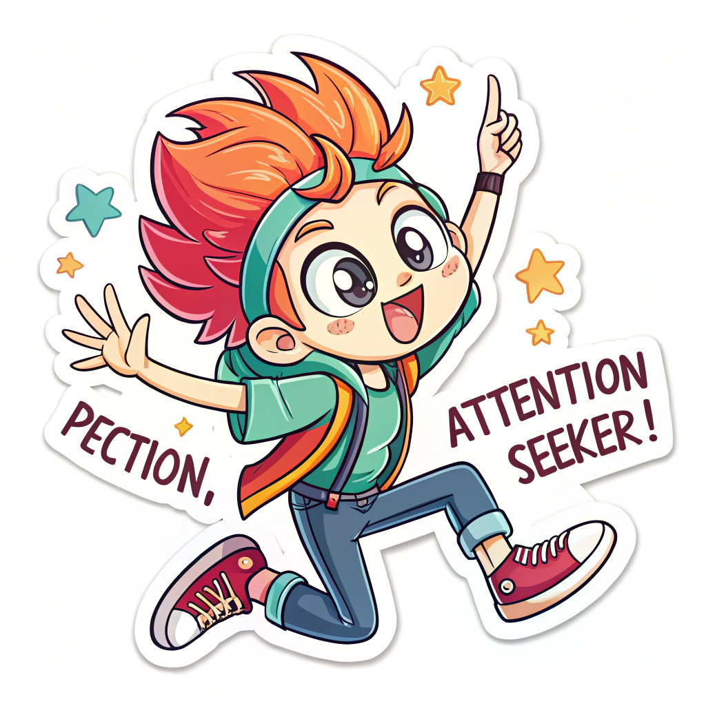 The image shows a cartoon sticker of a girl with red hair and a green shirt, with the words 