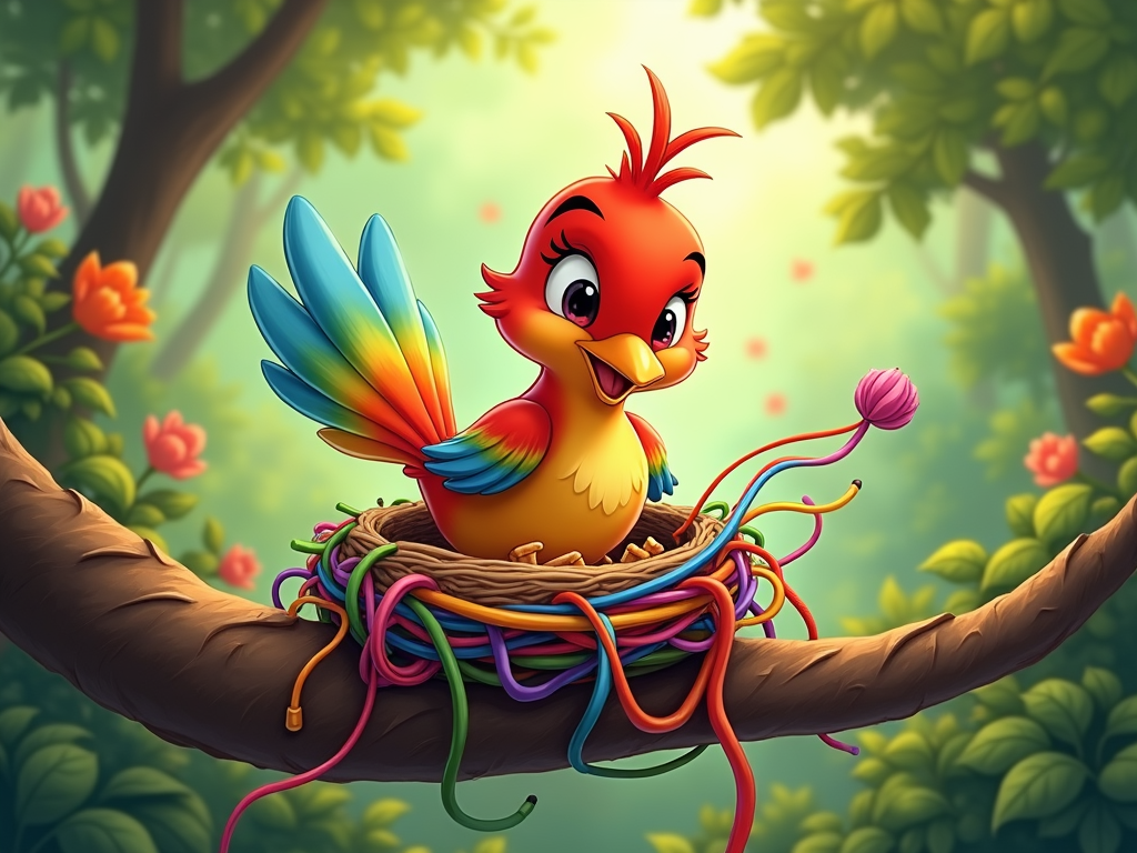 A bird with feathers that transition through the colors of the rainbow, weaving a nest from similarly colored threads or strips of fabric.