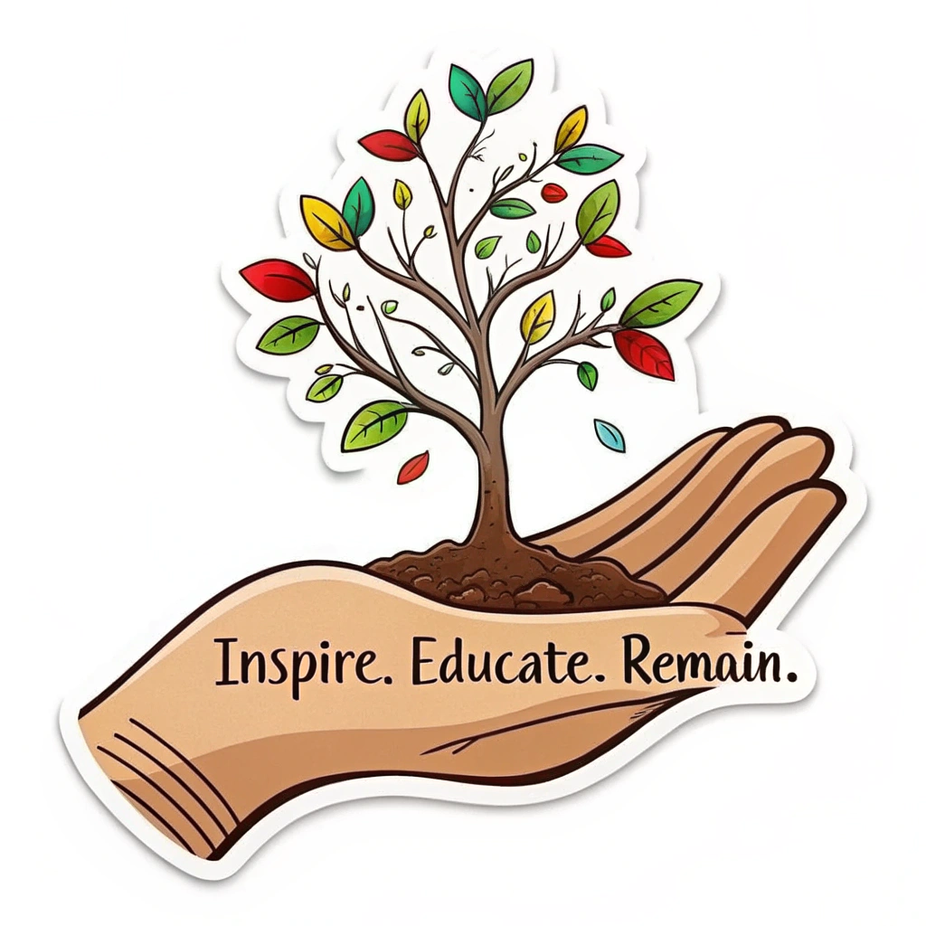 Design 1: 'Growing Support': A stylized human hand gently cupping a small, vibrant sapling. The words 'Inspire. Educate. Remain.' are artfully arranged around the base of the hand or along the stem of the sapling. This symbolizes nurturing growth and steadfast support for teachers.