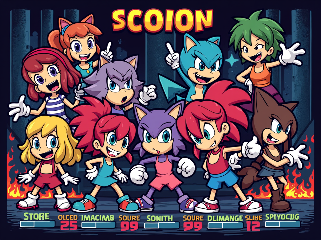 Pixelated Power-Up Party: A retro 16-bit video game aesthetic, showcasing a mashup of 90s cartoon characters as pixel art sprites, perhaps on a character select screen or in an action-packed game scene with power-ups and classic game UI elements.