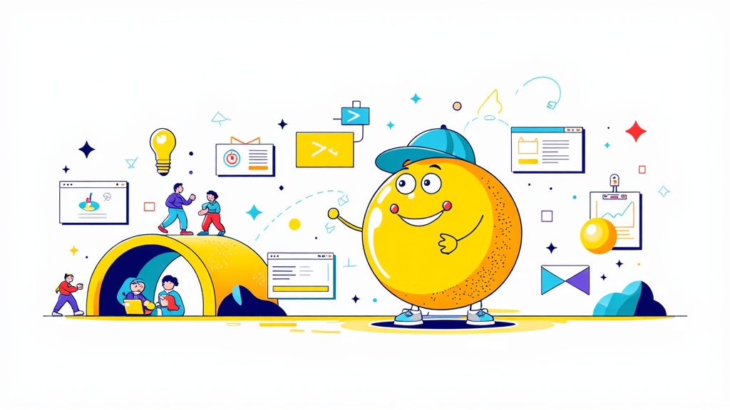 The Feature's Journey: Illustrate a small, personified 'Feature' character (e.g., a glowing orb or stylized code block) navigating the development lifecycle. Show its journey from an idea on a whiteboard with developers, through coding, testing with various Microsoft tools depicted creatively, to its successful launch and positive impact on users.