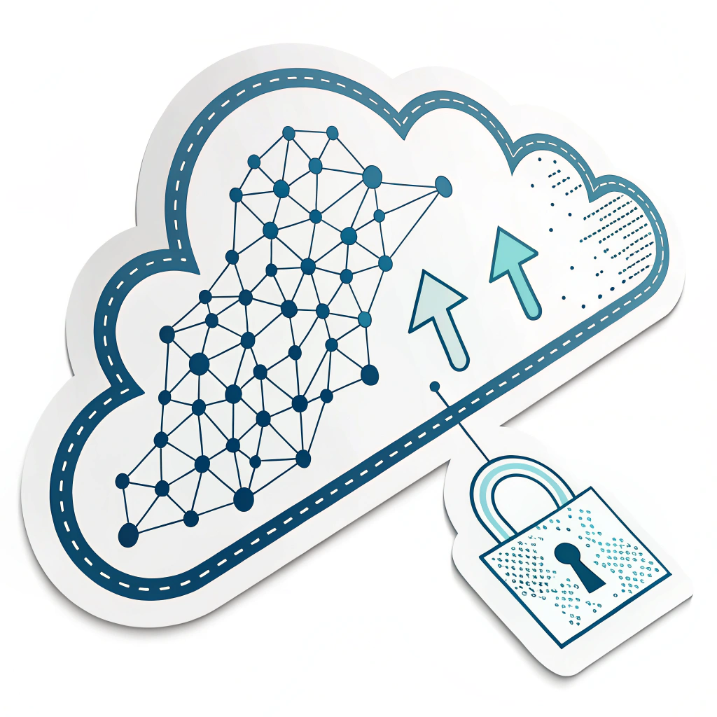 A dynamic cloud shape with visible data streams (represented by lines or dots) flowing into it. Inside the cloud, these streams transform into a distinct encrypted pattern (e.g., waves or interlocking geometric shapes), with a small, clear padlock icon on the cloud's surface.